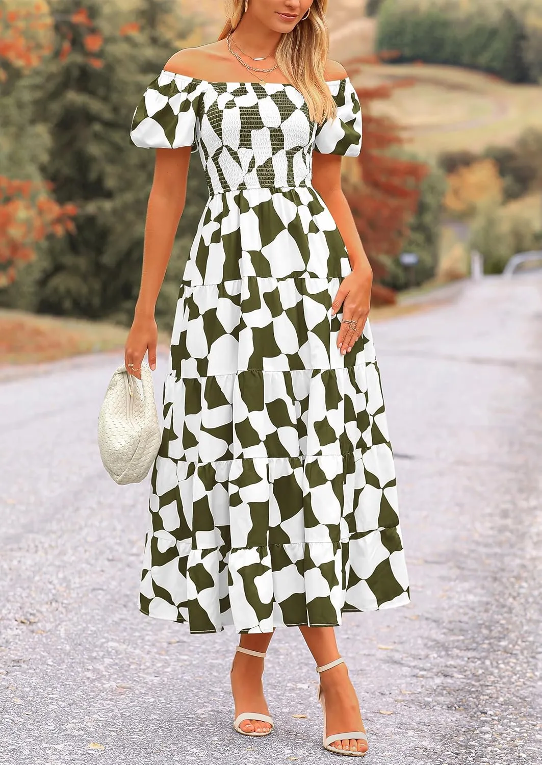 PRETTYGARDEN Women's 2025 Summer Boho Midi Dress Off Shoulder Puff Sleeve Print Smocked Ruffle Beach Long Flowy Dresses