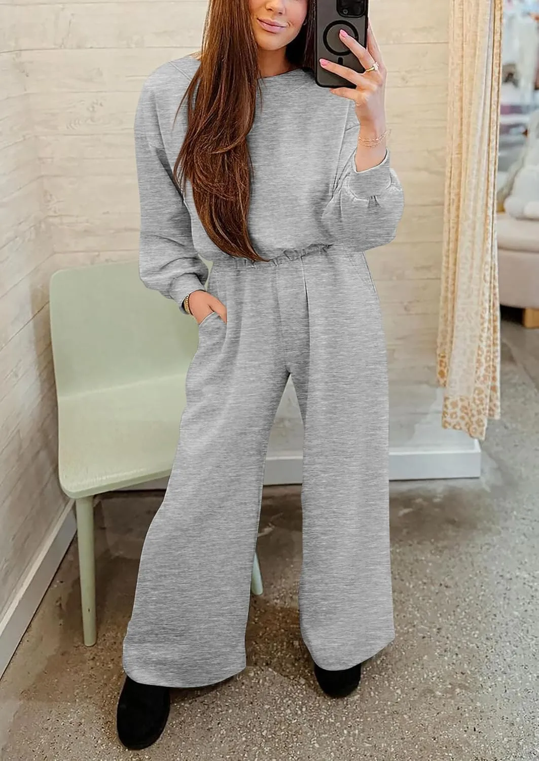 PRETTYGARDEN Women's Fall One Piece Jumpsuits Dressy Casual Long Sleeve Elastic Waist Pockets Wide Leg Long Pants Rompers