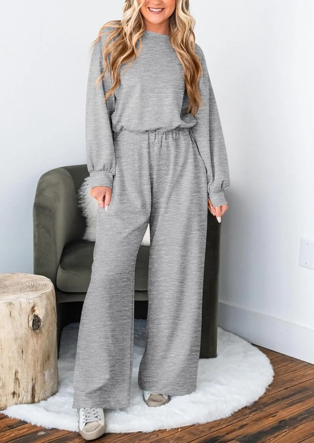 PRETTYGARDEN Women's Fall One Piece Jumpsuits Dressy Casual Long Sleeve Elastic Waist Pockets Wide Leg Long Pants Rompers