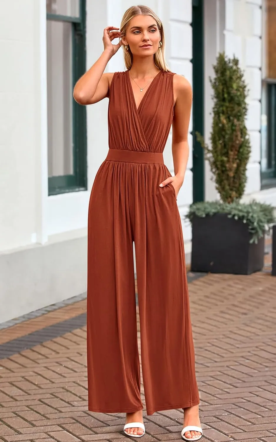PRETTYGARDEN Womens Jumpsuit Summer 2025 Cross V Neck Sleeveless One Piece Jumpsuits for Womens Dressy Casual Romper Outfits