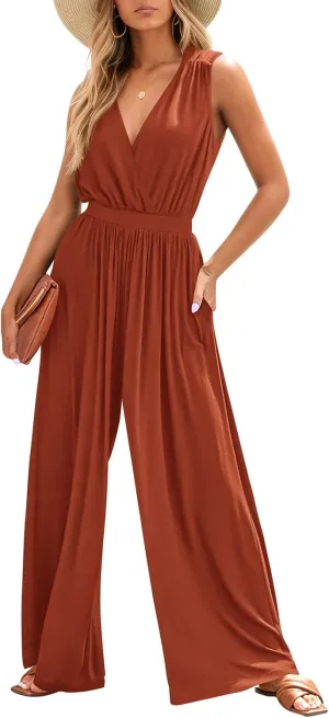 PRETTYGARDEN Womens Jumpsuit Summer 2025 Cross V Neck Sleeveless One Piece Jumpsuits for Womens Dressy Casual Romper Outfits
