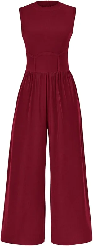 PRETTYGARDEN Women's Summer 2025 Sleeveless One Piece Jumpsuits for Women Dressy Casual Wide Leg Pants Romper with Pockets