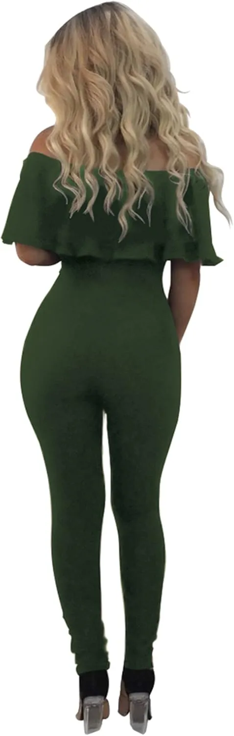 PRETTYGARDEN Women's Summer Off Shoulder Bodycon Jumpsuit Rompers Ruffle Sleeve Hollow Out Sexy Club Outfits