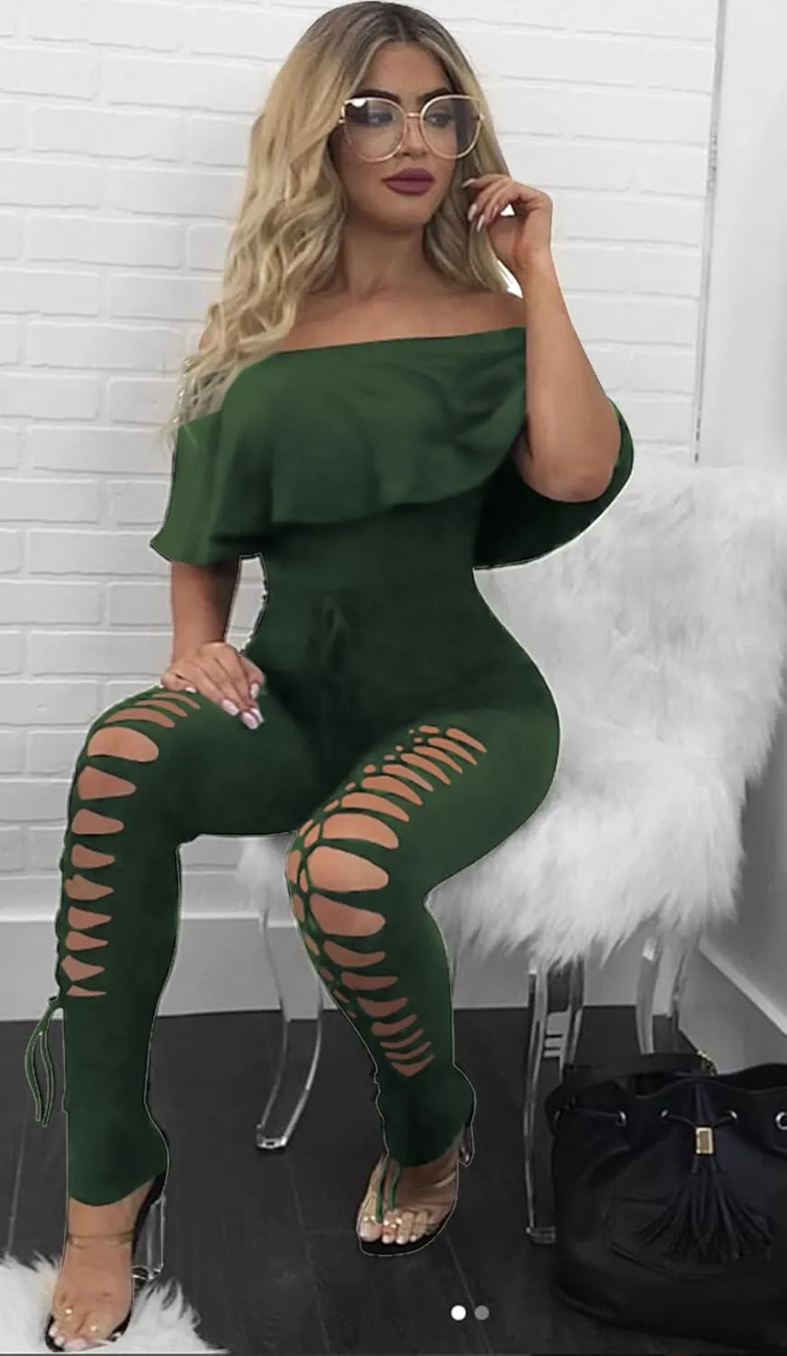 PRETTYGARDEN Women's Summer Off Shoulder Bodycon Jumpsuit Rompers Ruffle Sleeve Hollow Out Sexy Club Outfits