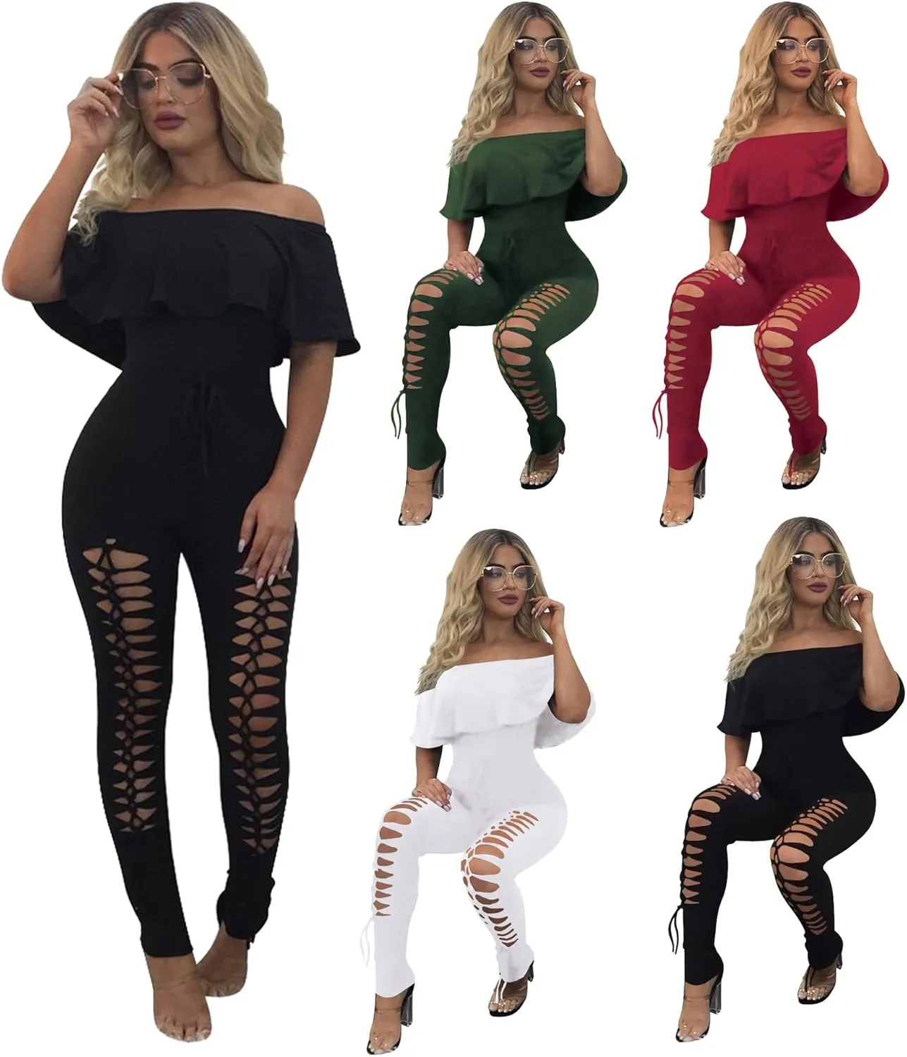 PRETTYGARDEN Women's Summer Off Shoulder Bodycon Jumpsuit Rompers Ruffle Sleeve Hollow Out Sexy Club Outfits