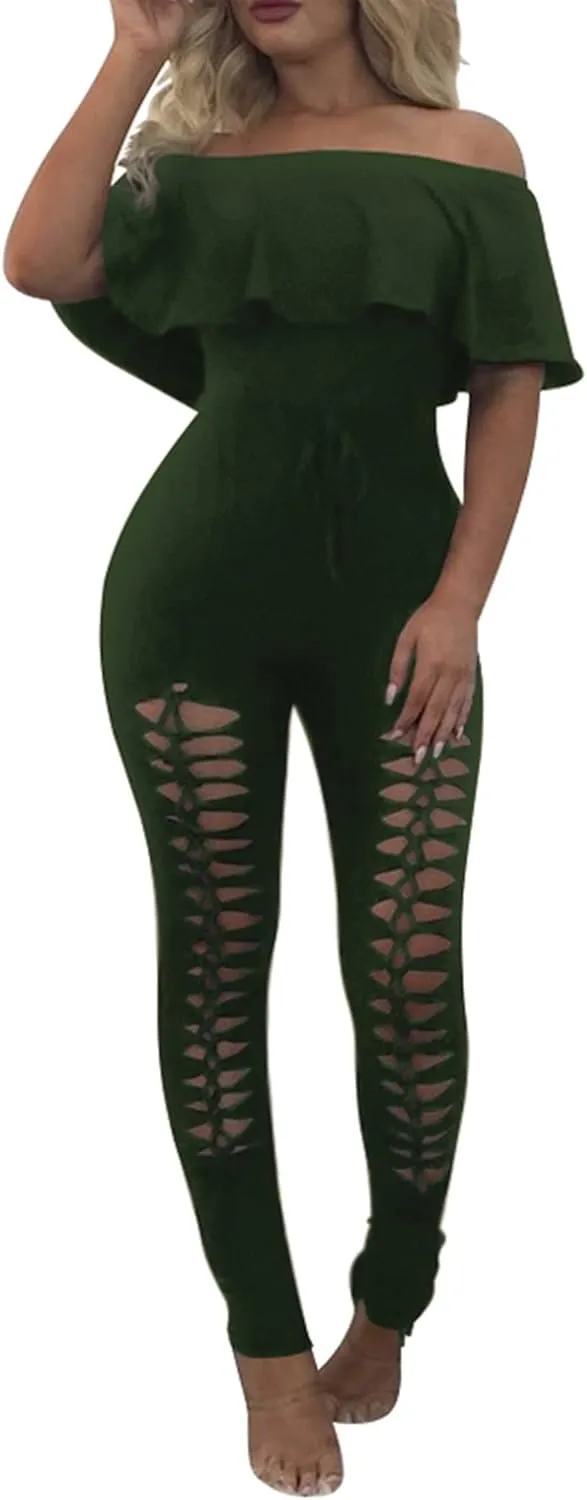 PRETTYGARDEN Women's Summer Off Shoulder Bodycon Jumpsuit Rompers Ruffle Sleeve Hollow Out Sexy Club Outfits