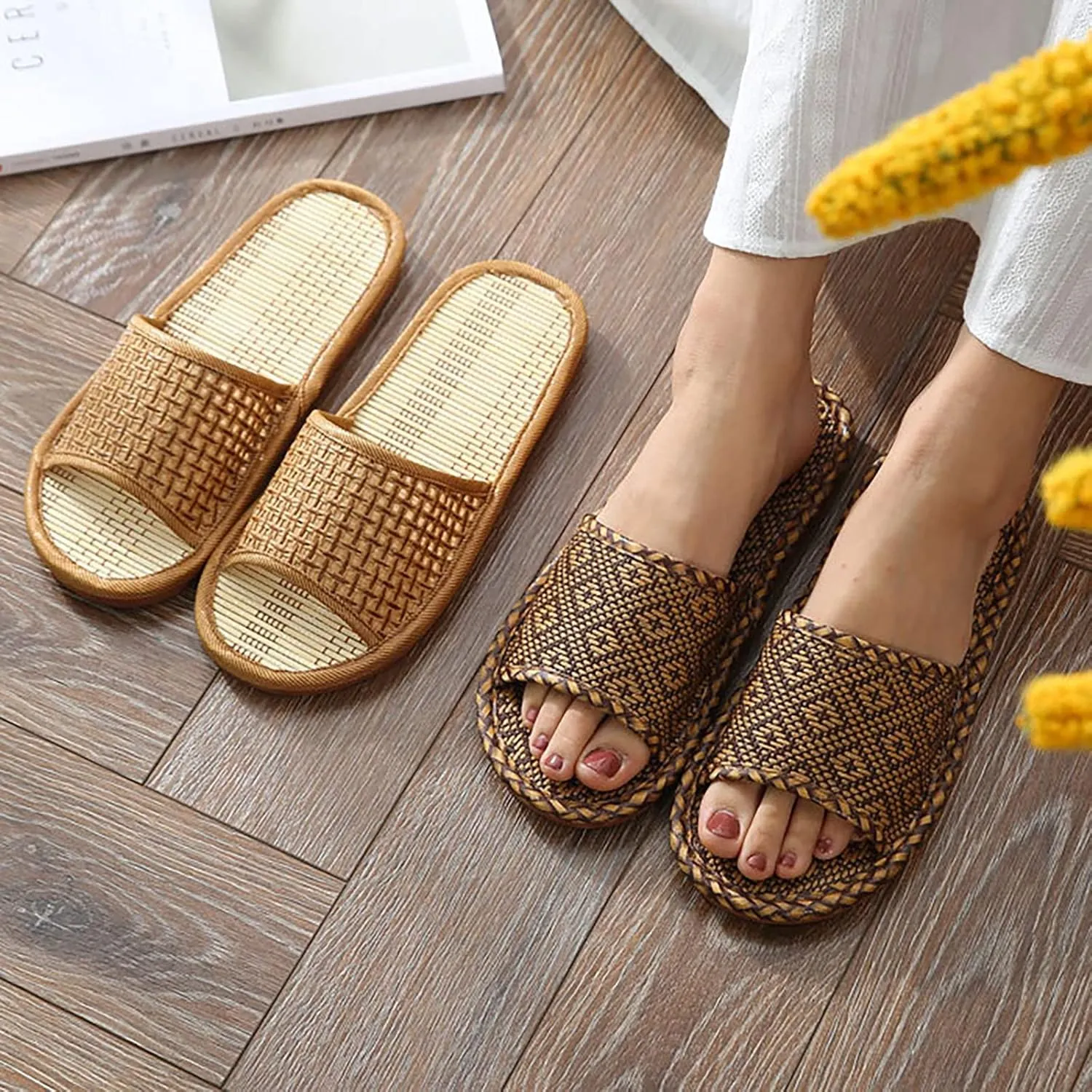 Rattan Woven Slides for Women Men, Straw Home Slippers for Indoor Open Toe Home Shower Pool Slippers Bathroom