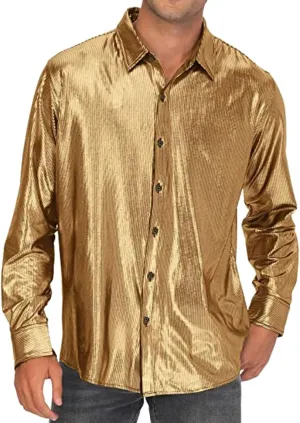 Sequin Shirts for Men Casual Button Down Glitter Mardi Gras Dress Shirt Loose Fit Long Sleeve Lightweight Lapel Blouse