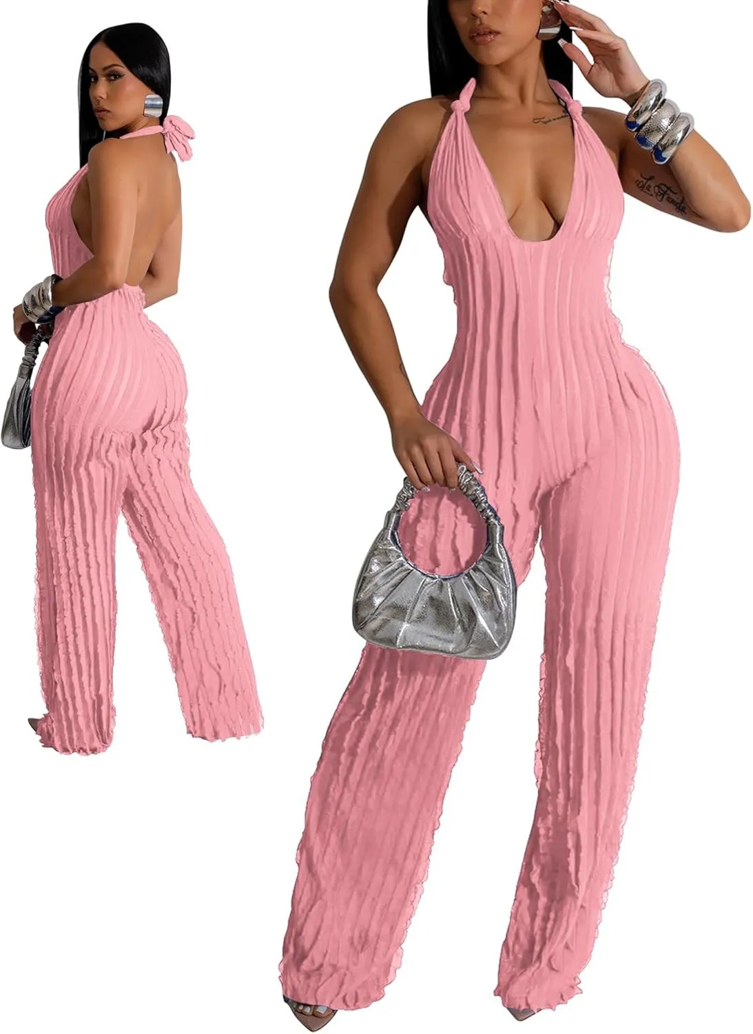 Sexy Summer Halter jumpsuits for women Dressy 2024 backless V Neck wide leg long pants one pieces jumpsuit Romper club outfit