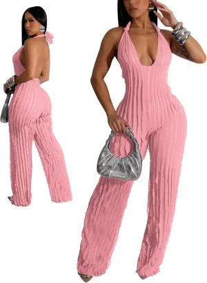 Sexy Summer Halter jumpsuits for women Dressy 2024 backless V Neck wide leg long pants one pieces jumpsuit Romper club outfit