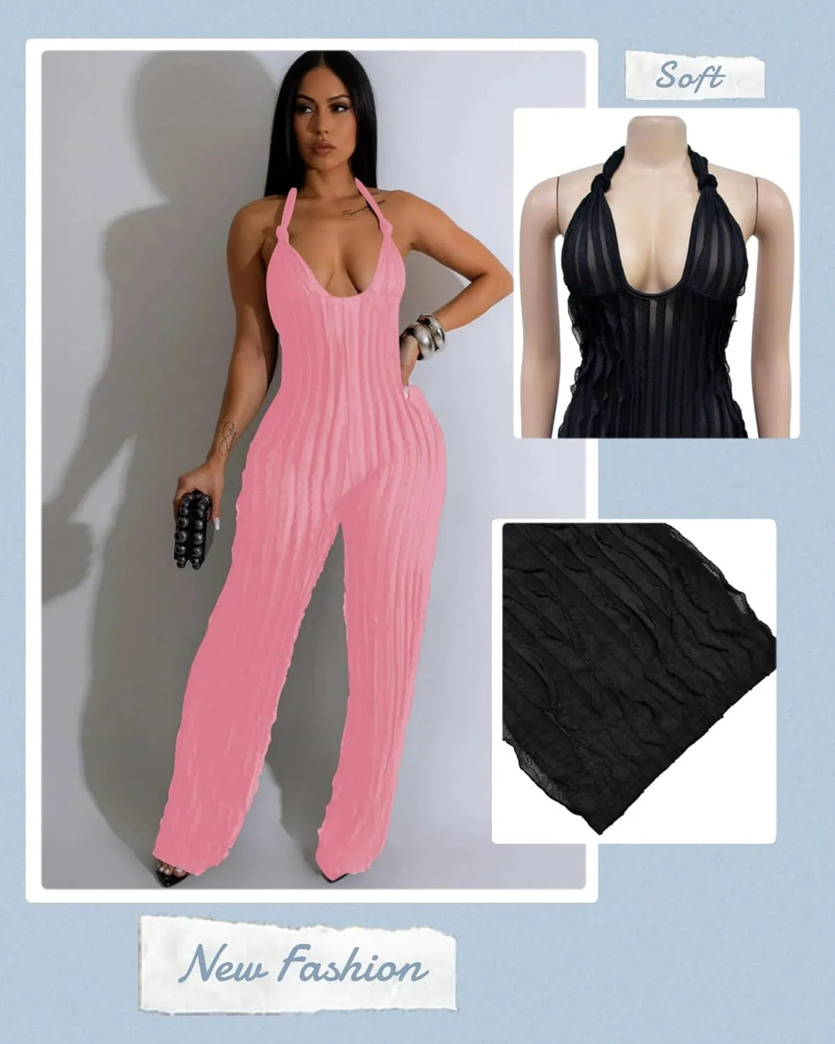 Sexy Summer Halter jumpsuits for women Dressy 2024 backless V Neck wide leg long pants one pieces jumpsuit Romper club outfit