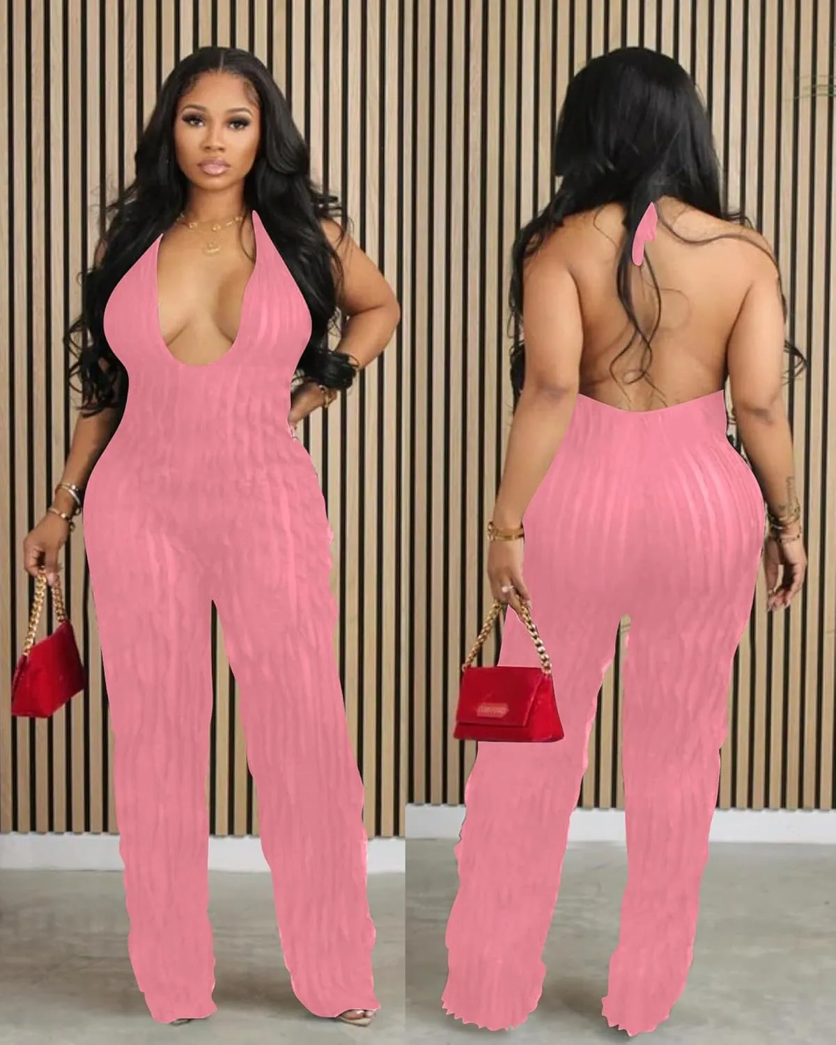 Sexy Summer Halter jumpsuits for women Dressy 2024 backless V Neck wide leg long pants one pieces jumpsuit Romper club outfit