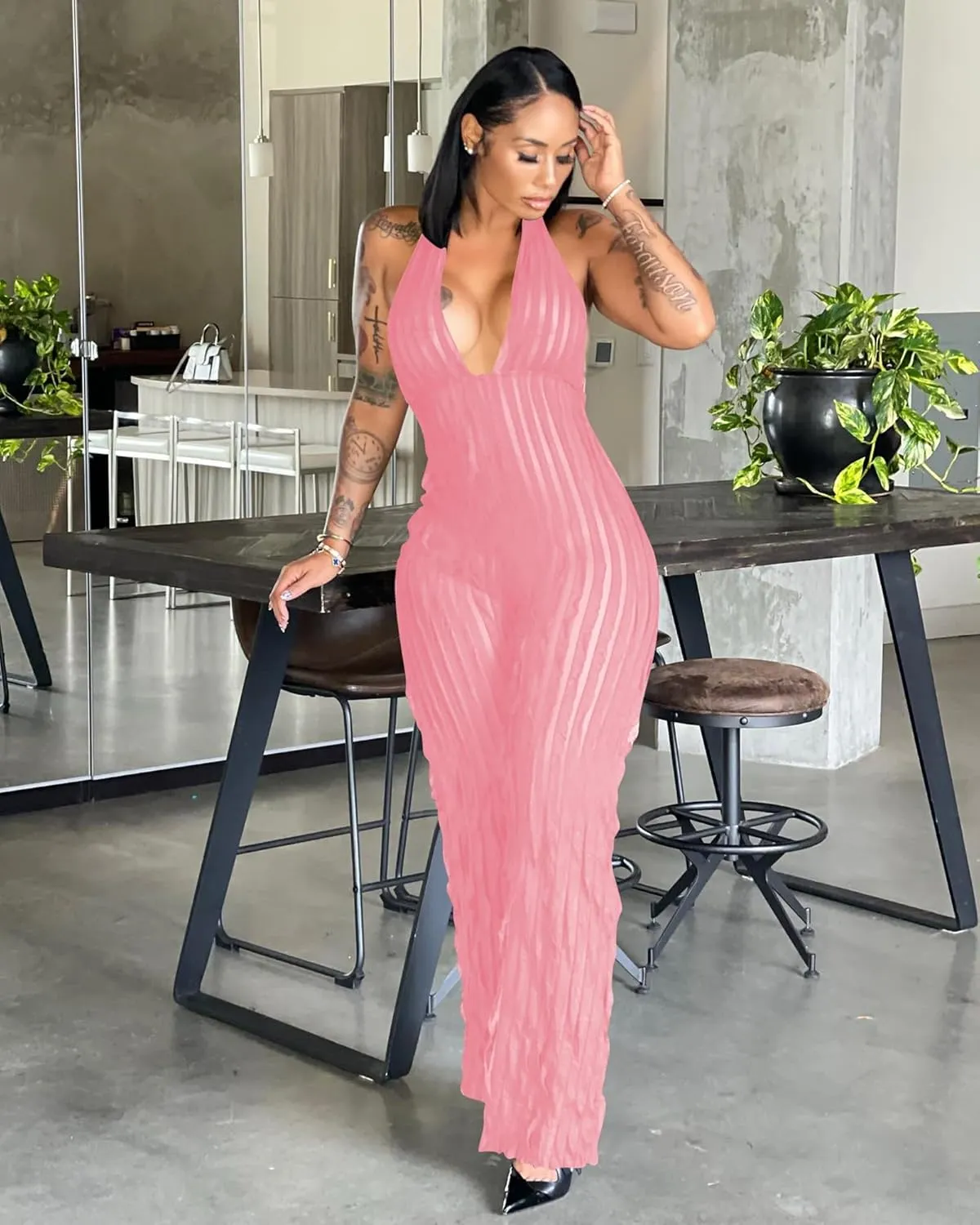 Sexy Summer Halter jumpsuits for women Dressy 2024 backless V Neck wide leg long pants one pieces jumpsuit Romper club outfit