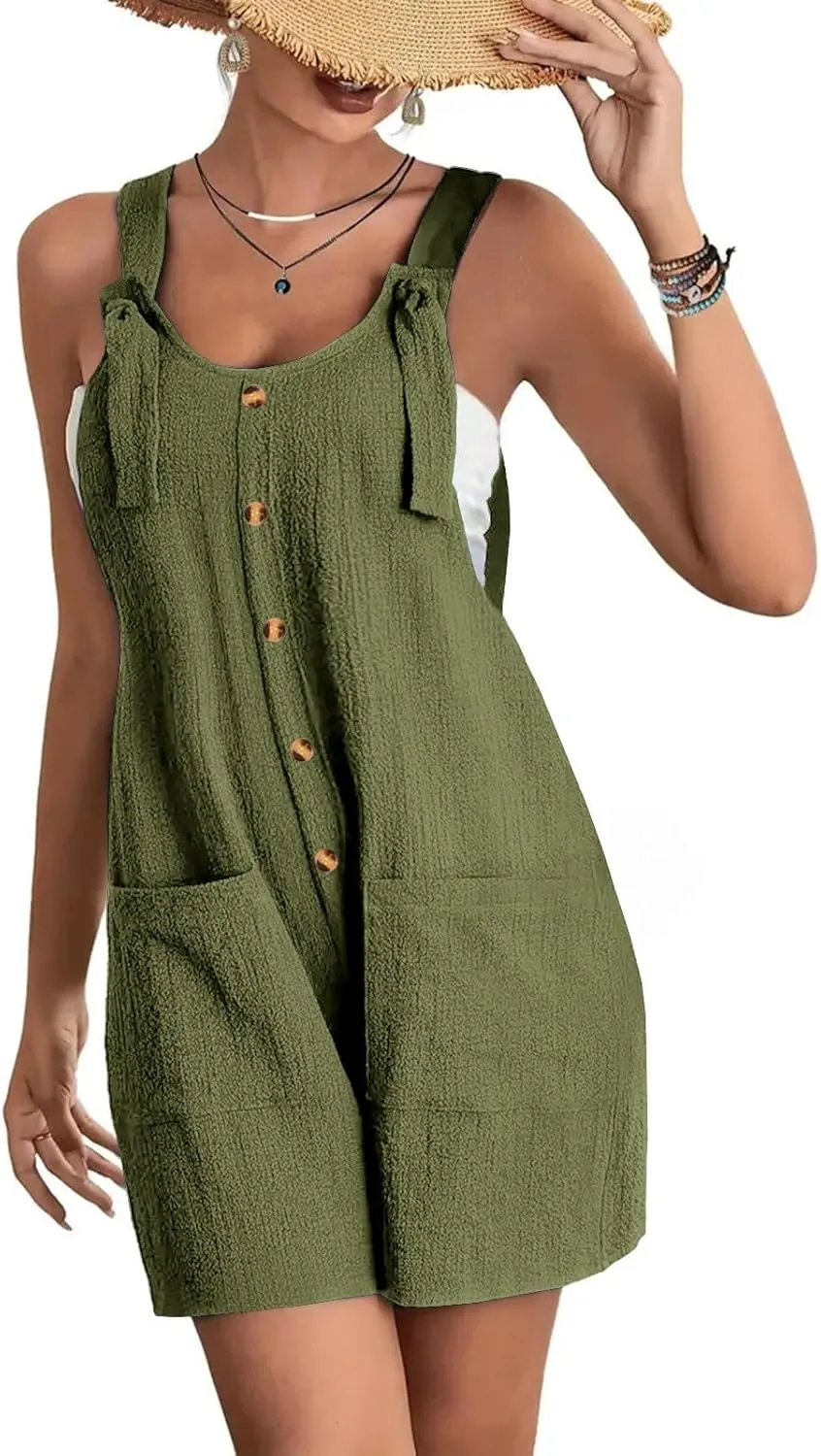 SHAOBGE Women's Button Down Jumpsuits Lace Up Solid Color Rompers Suspender Shorts Overalls Casual Outfit with Pockets