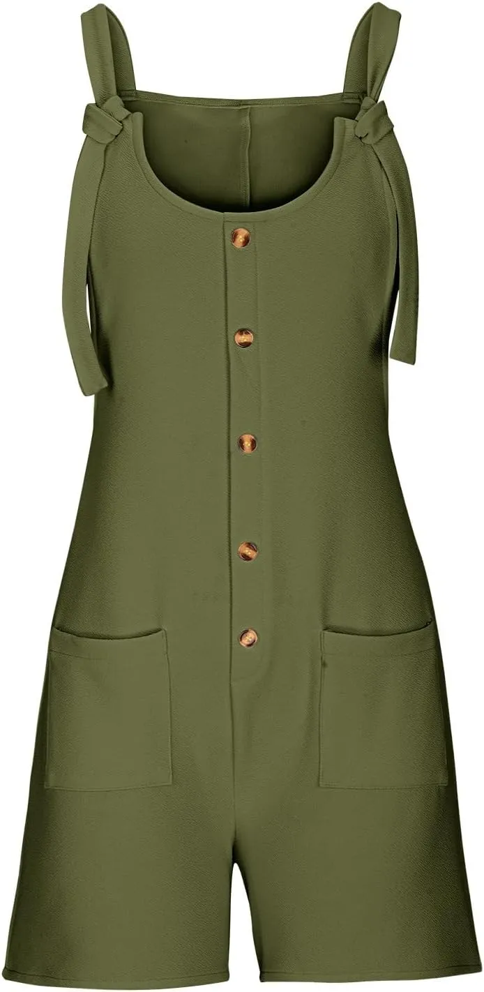 SHAOBGE Women's Button Down Jumpsuits Lace Up Solid Color Rompers Suspender Shorts Overalls Casual Outfit with Pockets