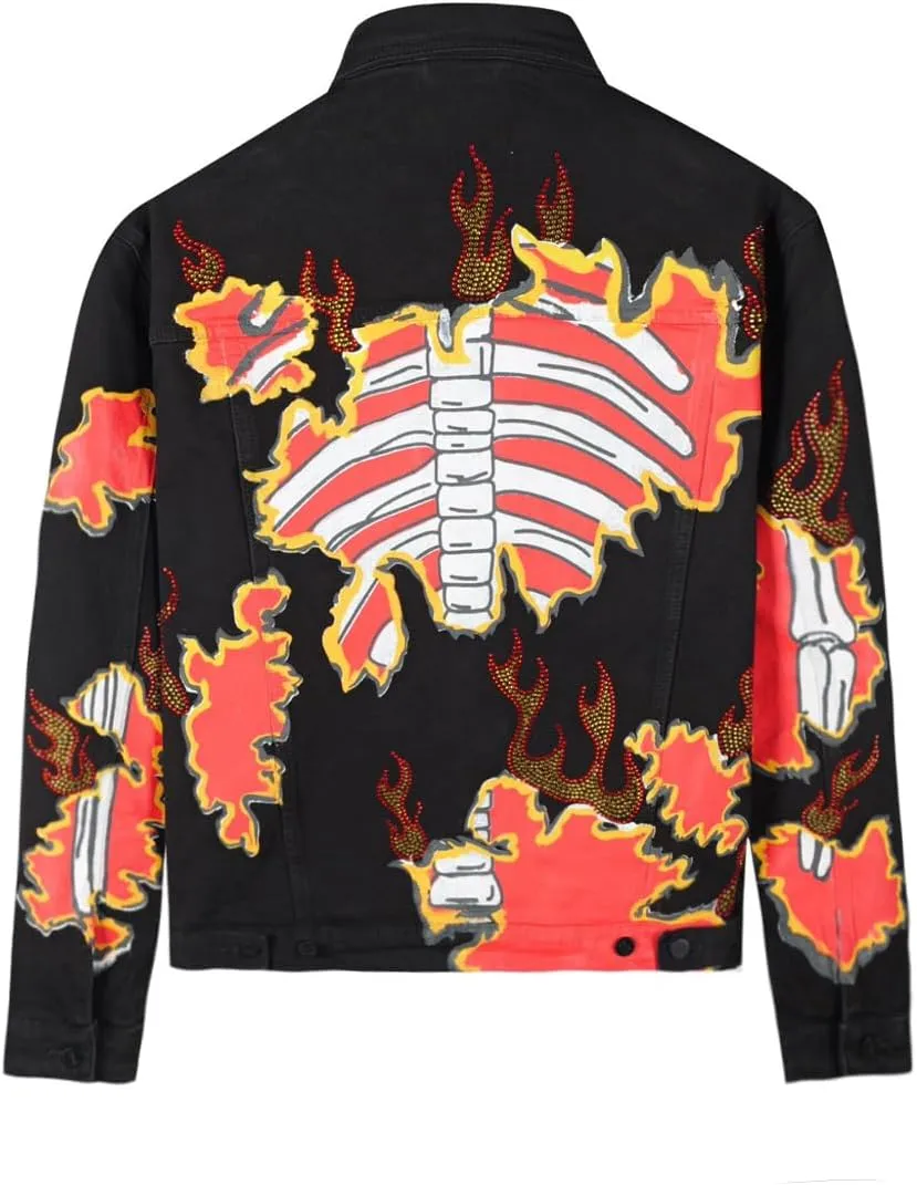 SHION7 Men's Denim Jacket, Slim Fit Streetwear Jean Jackets For Men, Fashionable Embellished Rhinestone Jeans Coat