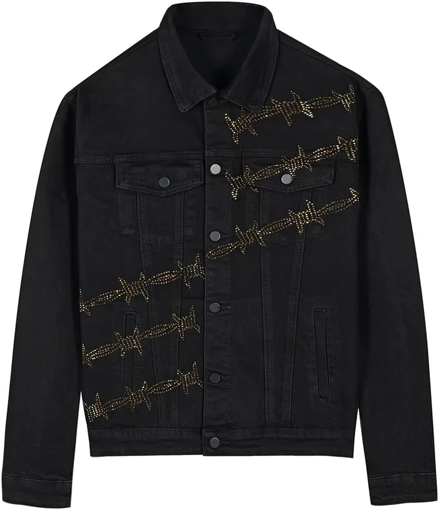 SHION7 Men's Denim Jacket, Slim Fit Streetwear Jean Jackets For Men, Fashionable Embellished Rhinestone Jeans Coat