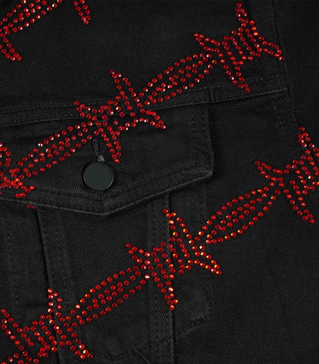 SHION7 Men's Denim Jacket, Slim Fit Streetwear Jean Jackets For Men, Fashionable Embellished Rhinestone Jeans Coat
