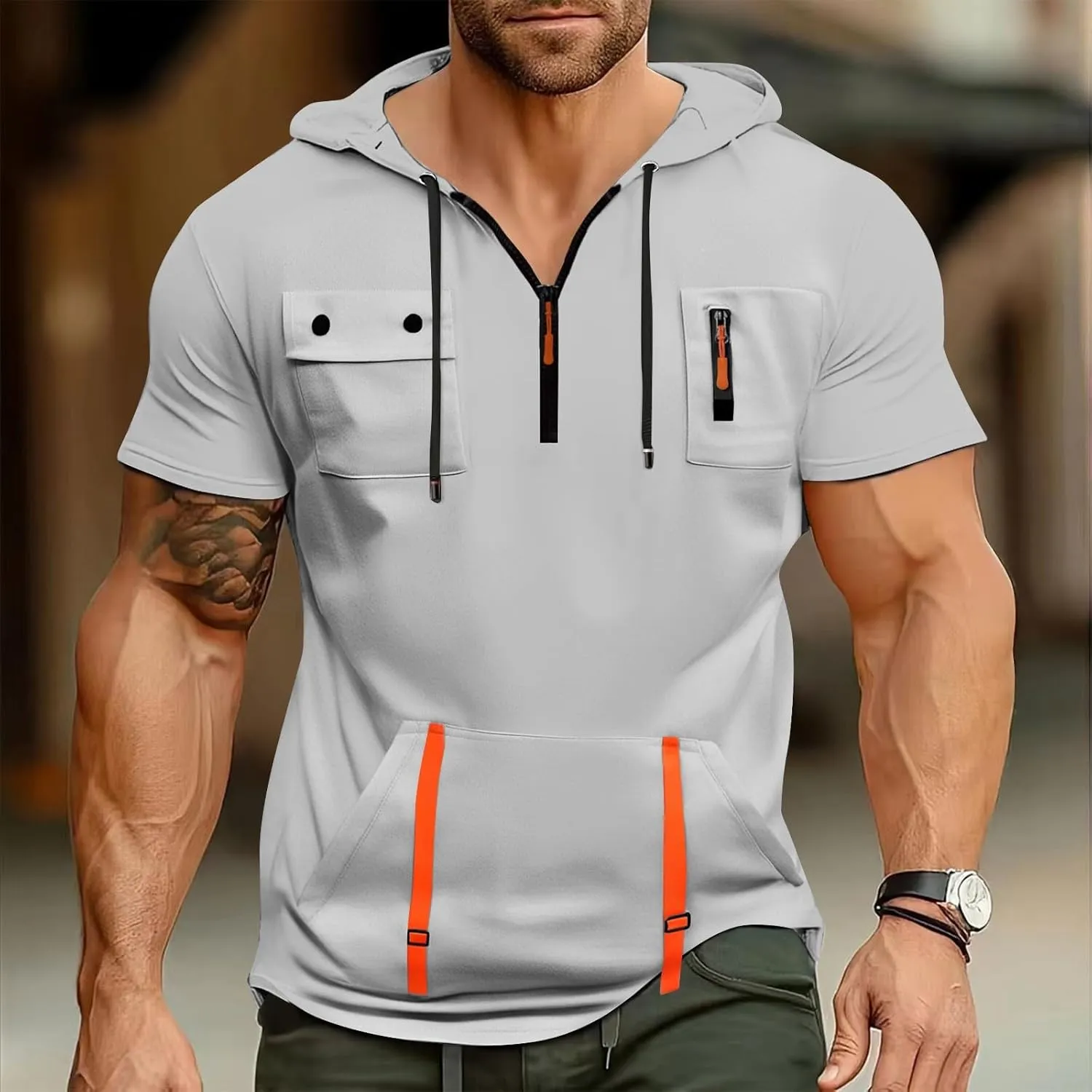 Short Sleeve Hoodie For Men Tactical Street Gym Lightweight Hooded Sweatshirt Drawstring Pullover Workout Tops