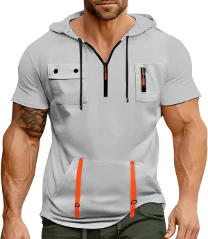 Short Sleeve Hoodie For Men Tactical Street Gym Lightweight Hooded Sweatshirt Drawstring Pullover Workout Tops
