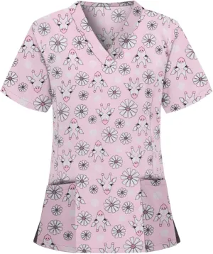 Short Sleeve Tops for Ladies Fall Summer Vneck Print Loose Fit Work Scrub Kawaii Tops Blouses Shirts Women 2025