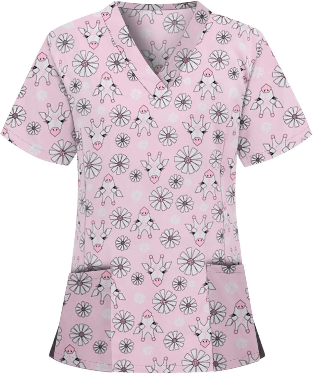 Short Sleeve Tops for Ladies Fall Summer Vneck Print Loose Fit Work Scrub Kawaii Tops Blouses Shirts Women 2025