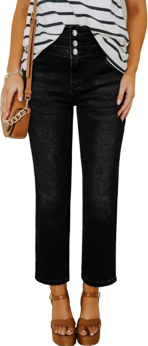 Sidefeel Women's High Waisted Tummy Control Jeans Strechy Trendy Button Up Ankle Zimbaplatinum Denim Pants