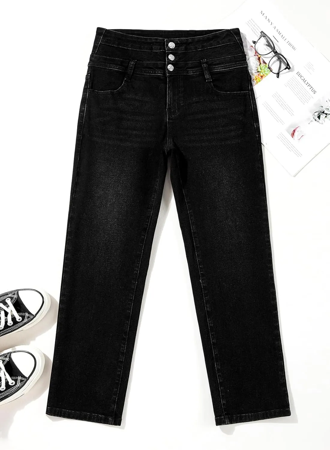 Sidefeel Women's High Waisted Tummy Control Jeans Strechy Trendy Button Up Ankle Zimbaplatinum Denim Pants