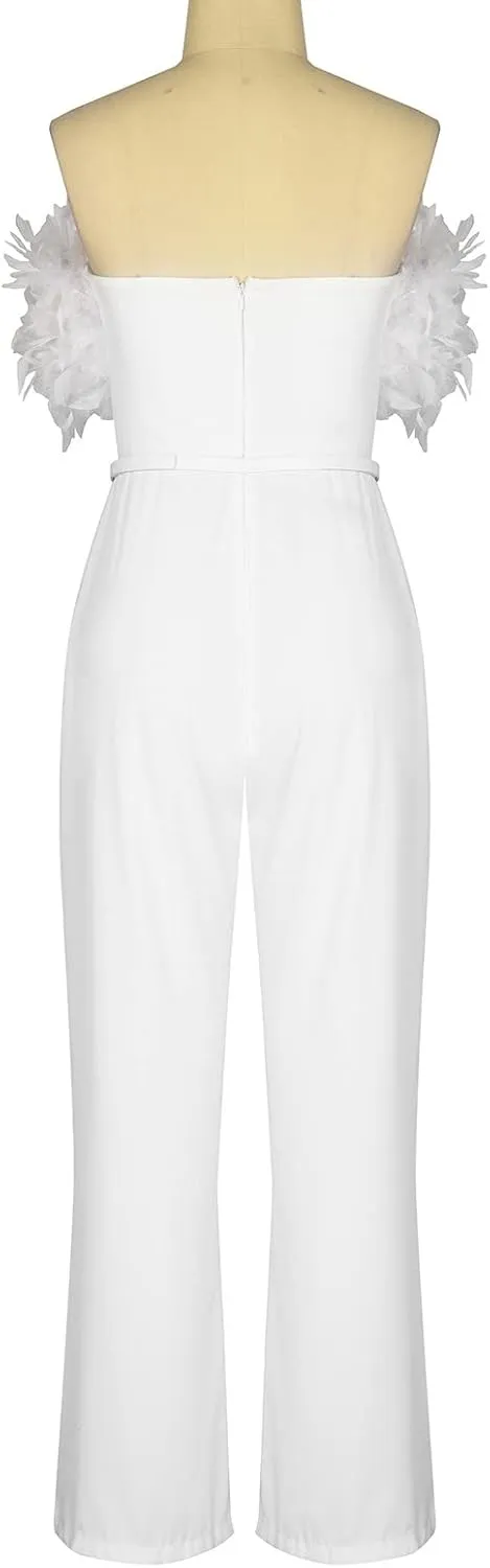 Sinzelimin Rompers for Women's Club Party Jumpsuits Summer Fashion Sleeveless Feather Bandeau Slim Straight Pants Playsuit