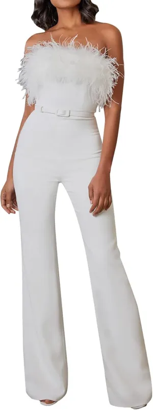 Sinzelimin Rompers for Women's Club Party Jumpsuits Summer Fashion Sleeveless Feather Bandeau Slim Straight Pants Playsuit