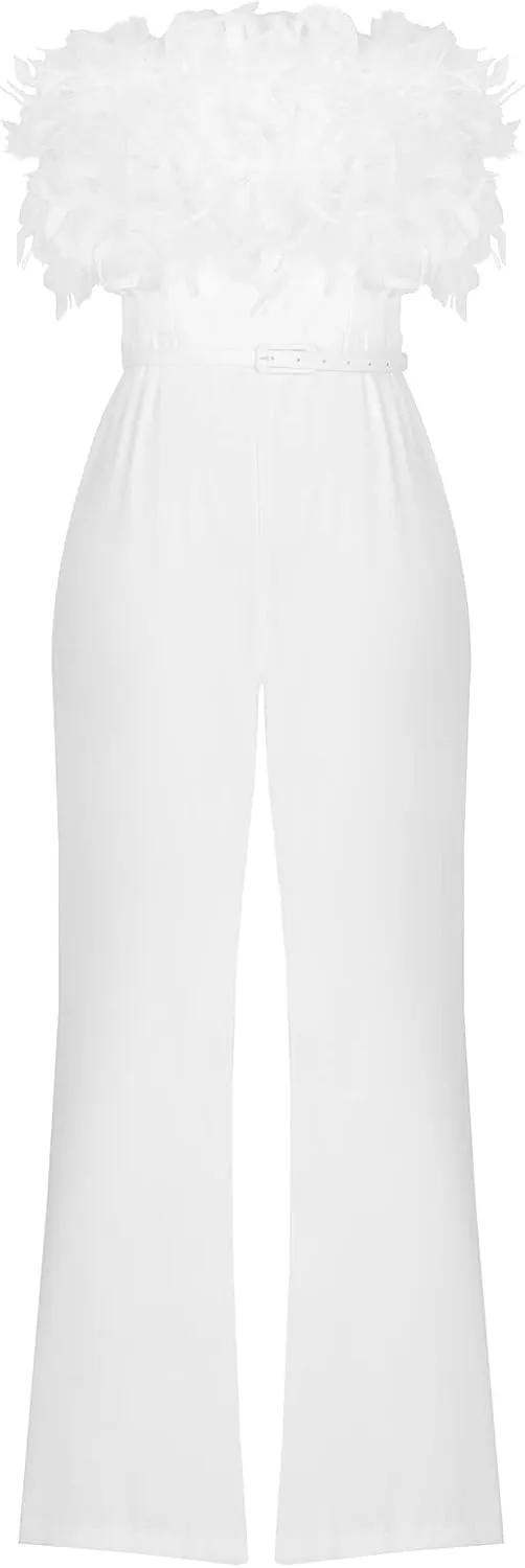 Sinzelimin Rompers for Women's Club Party Jumpsuits Summer Fashion Sleeveless Feather Bandeau Slim Straight Pants Playsuit