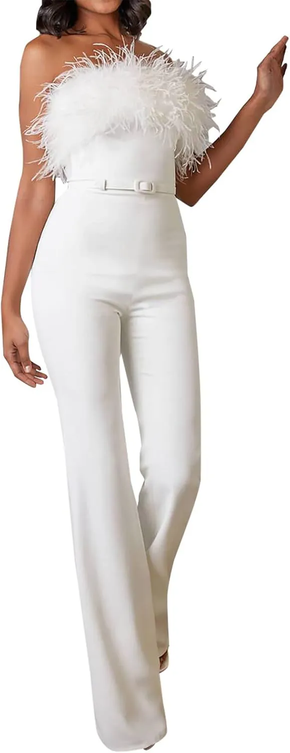 Sinzelimin Rompers for Women's Club Party Jumpsuits Summer Fashion Sleeveless Feather Bandeau Slim Straight Pants Playsuit