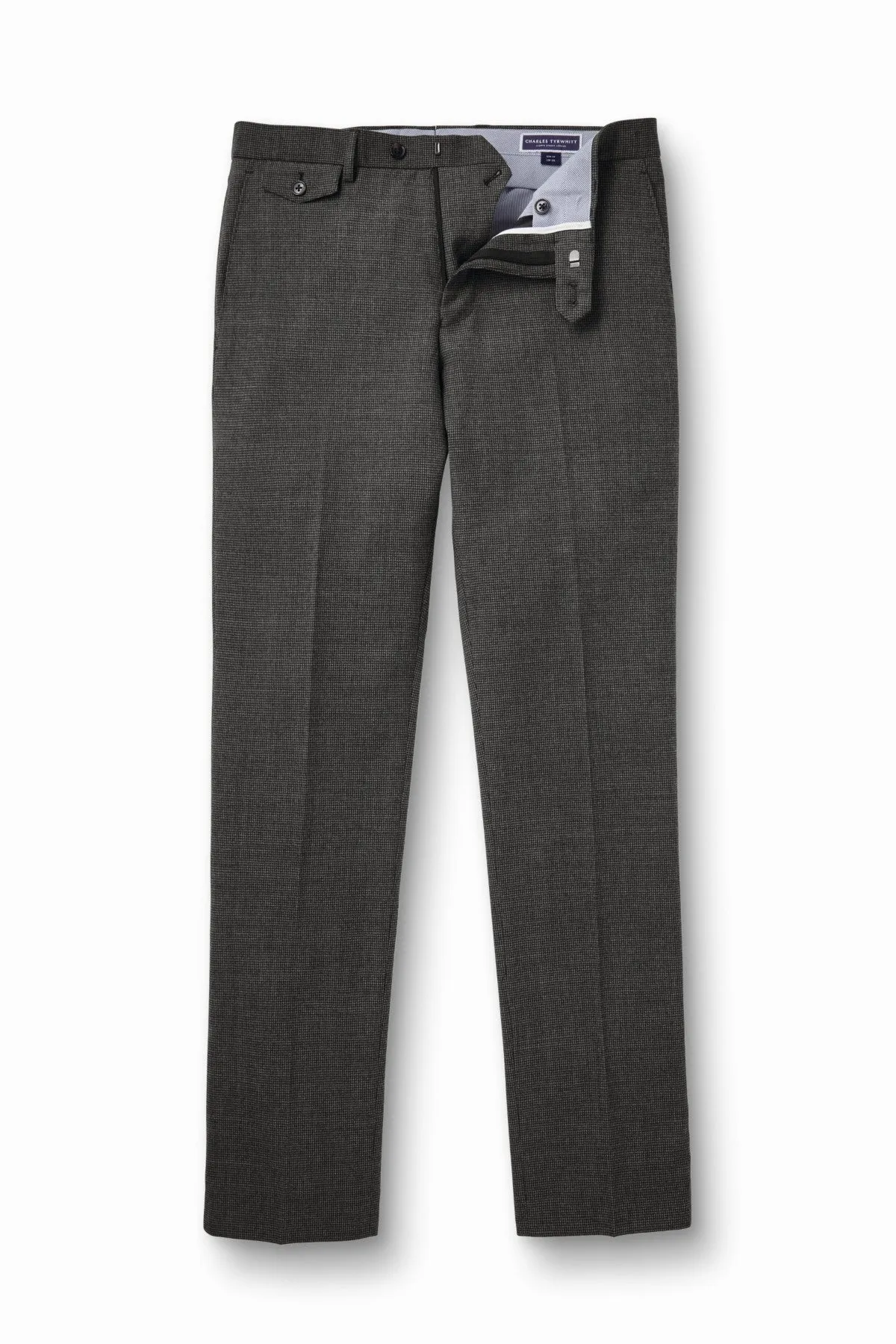 Slate Grey Puppytooth Wool Stretch Slim Fit Trousers