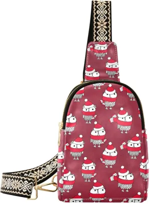 Small Sling Bag Fanny Packs Crossbody Bags for Women Cartoon Owls in Santa Hat Leather Fashion Chest Bag Belt Bag for Women for Travel Sports Running Hiking