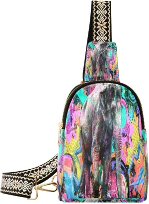Small Sling Bag Fanny Packs Crossbody Bags for Women Elephant Colorful Splashes Leather Fashion Chest Bag Belt Bag for Women for Travel Sports Running Hiking
