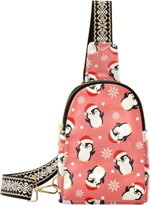 Small Sling Bag Fanny Packs Crossbody Bags for Women Funny Penguins and Snowflakes Leather Fashion Chest Bag Belt Bag for Women for Travel Sports Running Hiking