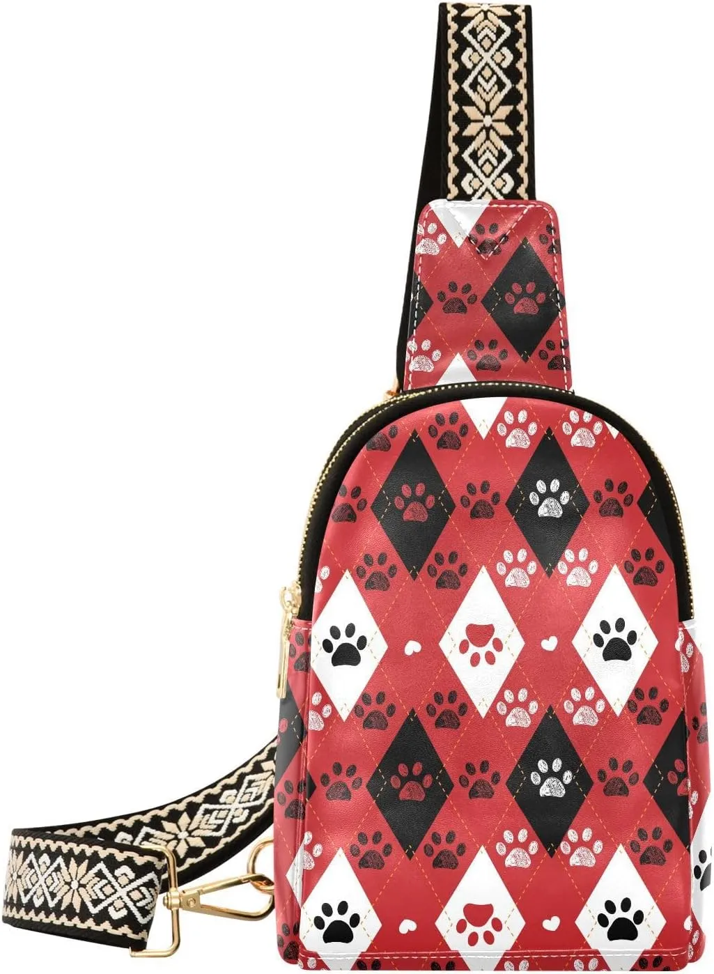 Small Sling Bag Fanny Packs Crossbody Bags for Women Plaid Red Paw Prints Leather Fashion Chest Bag Belt Bag for Women for Travel Sports Running Hiking