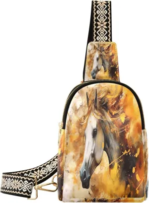 Small Sling Bag Fanny Packs Crossbody Bags for Women Watercolor Running Horse Leather Fashion Chest Bag Belt Bag for Women for Travel Sports Running Hiking
