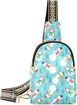 Small Sling Bag Fanny Packs Crossbody Bags for Women Winter Snowman Leather Fashion Chest Bag Belt Bag for Women for Travel Sports Cycling Hiking