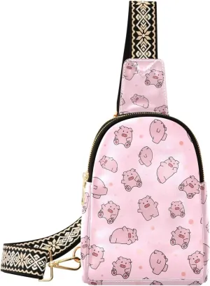 Small Sling Bag for Women Cute Animal with Pig PC Leather Fanny Pack Crossbody Pink Fashion Waist Packs Chest Bag for Travel Sports Running Hiking