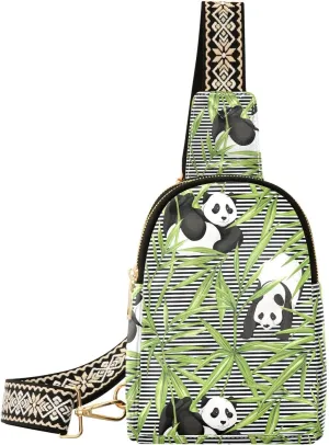 Small Sling Bag for Women Cute Pandas Bamboo PC Leather Fanny Pack Crossbody Abstract Stripes Fashion Waist Packs Chest Bag for Travel Sports Running Hiking