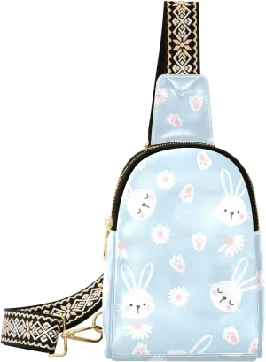 Small Sling Bag for Women Cute Rabbit Cartoon PC Leather Fanny Pack Crossbody Easter Daisy Flower Fashion Waist Packs Chest Bag for Travel Sports Running Hiking