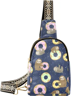 Small Sling Bag for Women Donut and Sloth PC Leather Fanny Pack Crossbody Fashion Waist Packs Chest Bag for Travel Sports Running Hiking