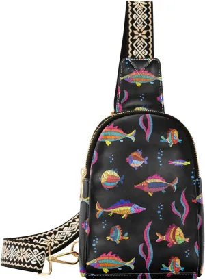 Small Sling Bag for Women Embroidery Cartoon Sea Fish PC Leather Fanny Pack Crossbody Fashion Waist Packs Chest Bag for Travel Sports Running Hiking