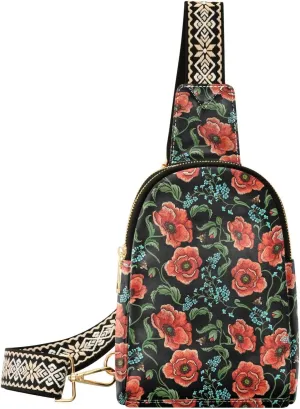 Small Sling Bag for Women Embroidery Floral Red Poppies PC Leather Fanny Pack Crossbody Fashion Waist Packs Chest Bag for Travel Sports Running Hiking