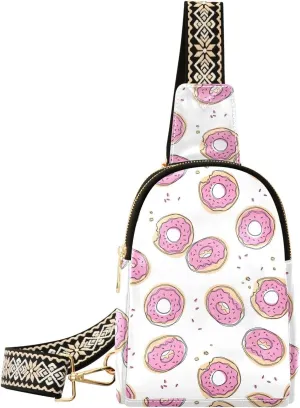 Small Sling Bag for Women Pink Donuts PC Leather Fanny Pack Crossbody Hand Draw Fashion Waist Packs Chest Bag for Travel Sports Running Hiking