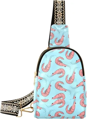 Small Sling Bag for Women Pink Shrimps on Blue PC Leather Fanny Pack Crossbody Sea Food Fashion Waist Packs Chest Bag for Travel Sports Running Hiking