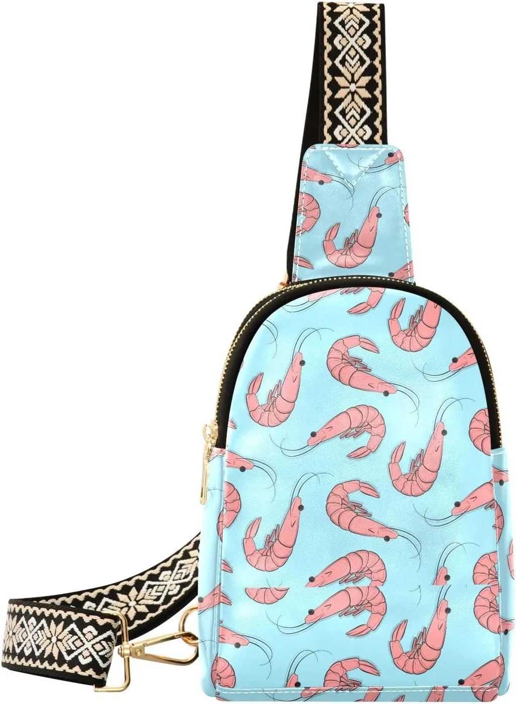 Small Sling Bag for Women Pink Shrimps on Blue PC Leather Fanny Pack Crossbody Sea Food Fashion Waist Packs Chest Bag for Travel Sports Running Hiking