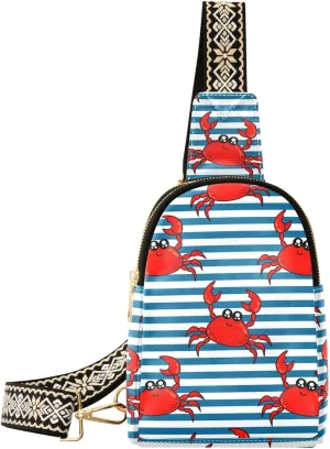 Small Sling Bag for Women Red Cute Crabs PC Leather Fanny Pack Crossbody Blue Stripe Fashion Waist Packs Chest Bag for Travel Sports Running Hiking