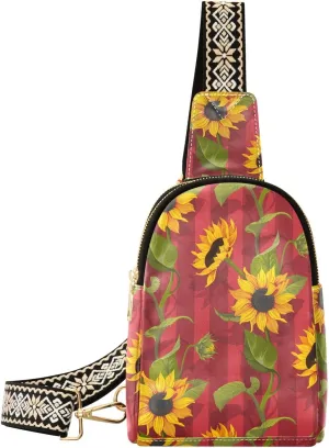 Small Sling Bag for Women Sunflowers PC Leather Fanny Pack Crossbody Red Stripes Fashion Waist Packs Chest Bag for Travel Sports Running Hiking